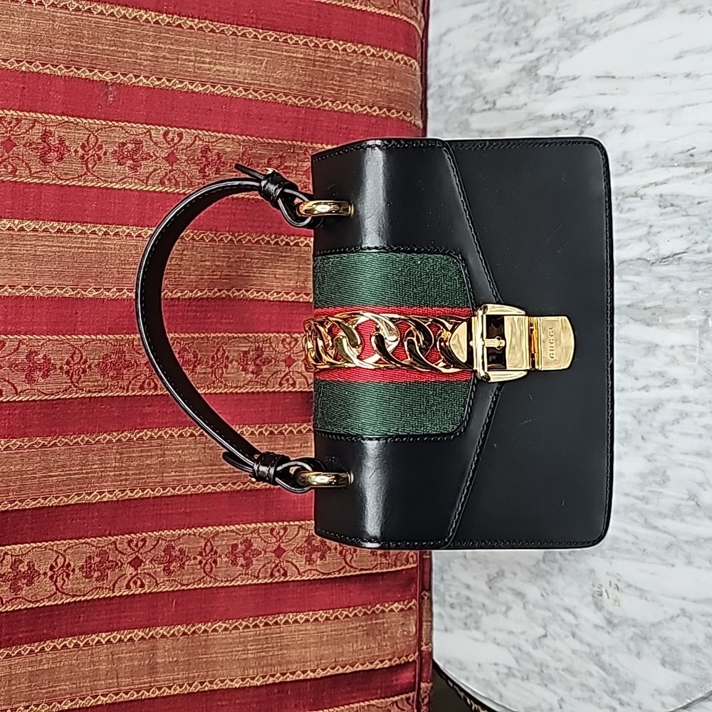 GUCCI Calfskin Mini Sylvie Top Handle Bag Black